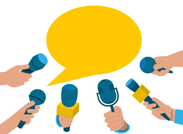 A set of microphones. Collection microphones in hand A set of microphones. Place for text. Media tv,  interview, information for television, broadcasting mass, communication, collection microphones in hand. Vector flat illustration interview stock illustrations