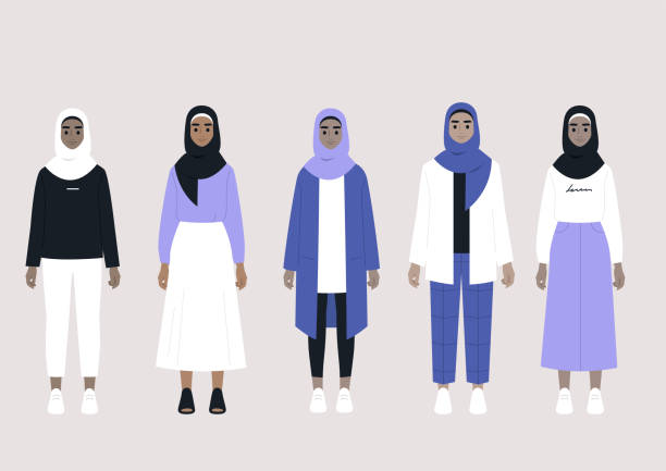 A set of middle eastern female characters wearing hijabs and different outfits: casual, elegant, sport, business A set of middle eastern female characters wearing hijabs and different outfits: casual, elegant, sport, business hijab stock illustrations