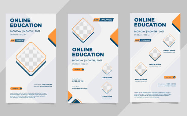 Set of minimal social media stories post templates for Online Education with geometric background and lots of square frames vector art illustration