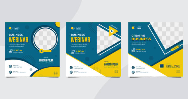 Set of minimalist social media post template for Business Webinar, with Blue and Yellow background vector art illustration