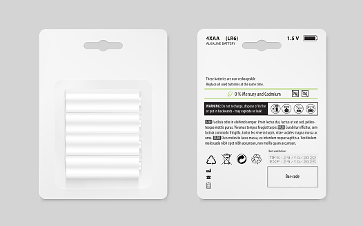 A set of mockups of battery packs with text. Front and rear side.