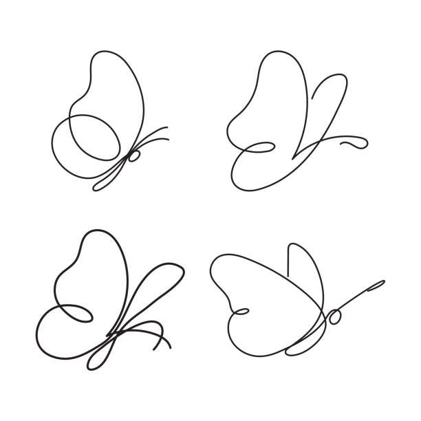 Set of modern continuous line butterfly. One line drawing of insect form for symbol, card, banner, poster flyer. Set of continuous line butterflies. Abstract modern decoration. Vector illustration. One line drawing of insect form. Fancy line art. Black and white. Trendy concept for symbol, card, banner, poster. butterfly insect illustrations stock illustrations