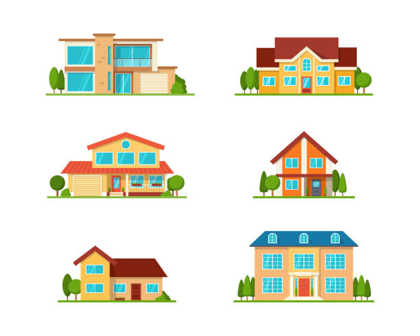 Set of Modern cottage house, front view, isolated on white Set of Modern cottage house, front view, isolated on white. Real Estate. Flat Style American or Sweden Townhouse. Vector Illustration. modern house stock illustrations