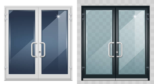 Set of modern entrance doors black white Set of modern entrance doors black. With tinted transparent glass. Vector graphics symmetry stock illustrations