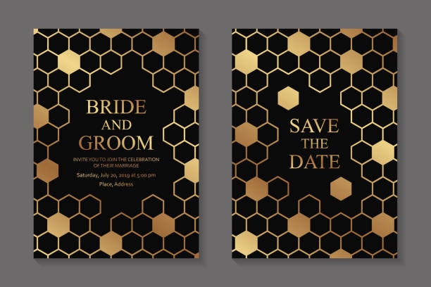 Set of modern geometric luxury wedding invitation design or card templates for business or presentation or greeting. Set of two cards with golden honeycombs on a black background. bee borders stock illustrations