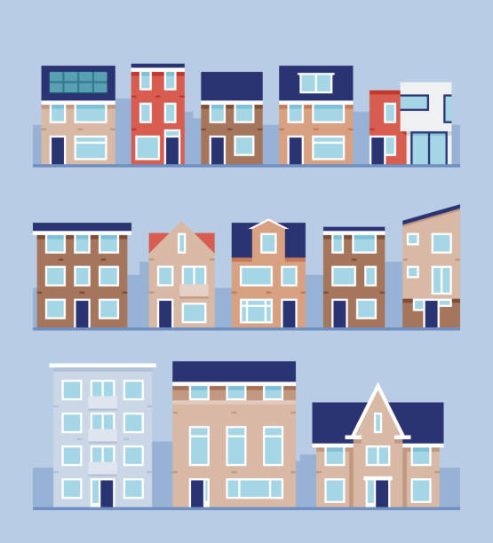 A set of modern houses A collection of vector illustrations featuring modern European houses brownstone stock illustrations