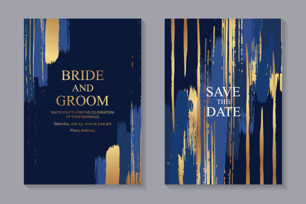 Set of modern luxury wedding invitation design or card templates for business or presentation or greeting. Set of two cards with grunge and blue golden paint brush strokes on a navy background. brochure borders stock illustrations