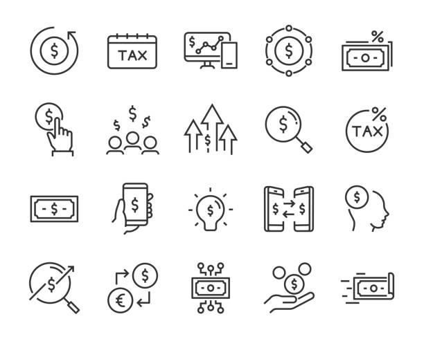 stockillustraties, clipart, cartoons en iconen met set van geld iconen, zoals financiën, verklaring, bank, munt, voorraad, valuta, uitwisseling - belastingdienst
