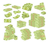 Set of Money Isolated on White Background. Packing and Piles of Dollar Banknotes, Green Paper Bills Stacks and Fans. Currency Objects, Lottery Win, Savings, Success. Cartoon Vector Illustration, Icons