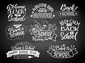 Set of monochrome school labels. Vector emblem design for education center or university. Back to school badge and welcome on chalkboard illustration