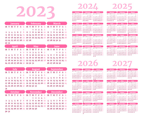 2023 2024 2025 2026 2027 연도의 월별 달력 템플릿 집합 0명에 대한 스톡 벡터 아트 및 기타 이미지 - iStock