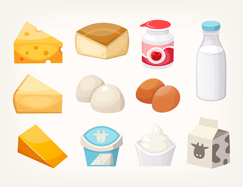 Set of most common dairy food products. Some kinds of cheese, milk packages and yogurts.