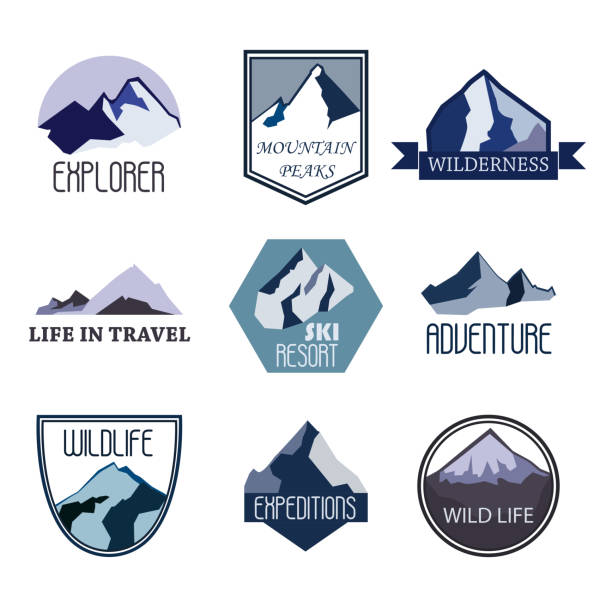 bildbanksillustrationer, clip art samt tecknat material och ikoner med set of mountain adventure and expedition logo badges collections. travel - skidled