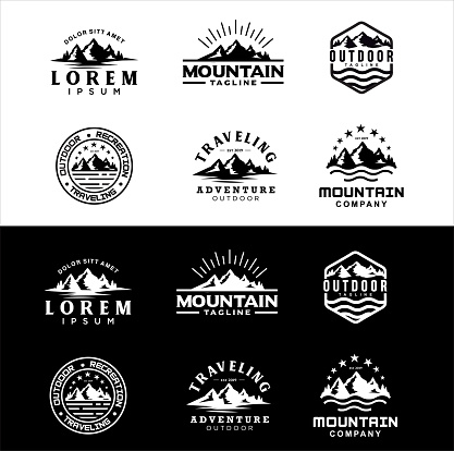 Set Of Mountain and Sea for Outdoor Adventure Emblem silhouette design inspiration Hiking Vintage Hipster Retro