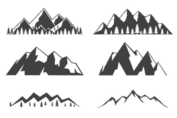 Set of mountains icons isolated on white background Set of mountains icons isolated on white background. Winter symbol for family vacation, activity or travel. For logo design, patches, seal, logo or badges. Mountains sign in flat style. Vector. mountain ridge stock illustrations