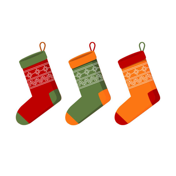 Set of multi-colored knitted insulated Christmas socks for gifts, color vector illustration in flat style, clip art, design, decoration, icon, sticker, applique, poster Set of Christmas socks with ornaments, vector illustration christmas stocking stock illustrations
