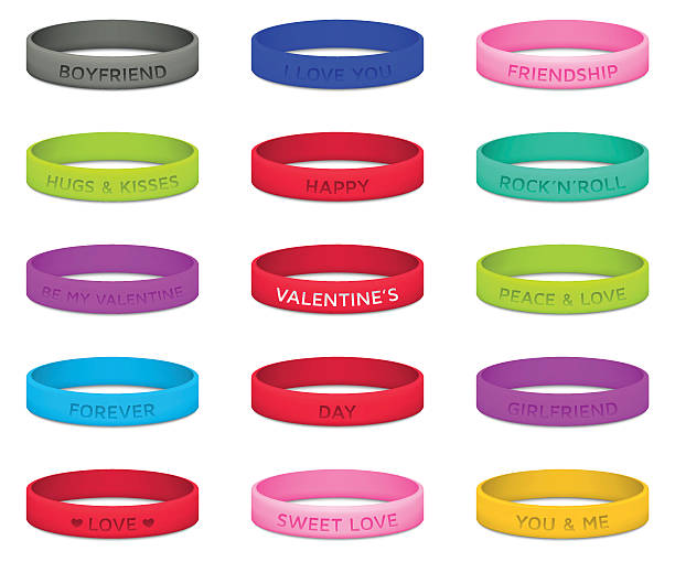 Set of multicolored rubber wristbands for Valentines Day. Vector illustration. Set of multicolored rubber wristbands for Valentines Day. Vector illustration. wristband stock illustrations