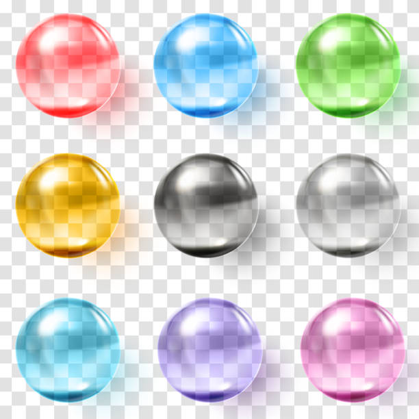 Set of multicolored transparent glass spheres with shadows Transparent glass balls. Set of multicolored transparent glass spheres with shadows. pink pearl stock illustrations