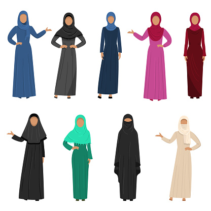 A collection set of different Muslim Arab women characters in traditional clothing. Ethnic clothes concept. Colorful vector flat isolated icons set.