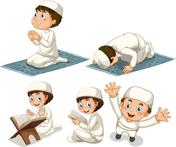 müslüman çocuk bir dizi - salah stock illustrations
