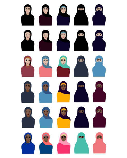 Set of Muslim Women in Hijab, Burka and Niqab Collection of 30 Muslim women with light and dark skin, white and Arab or African, with plain black/dark clothes or festive, colorful celebration clothes. Different facial expressions, decorations, make up, wearing different religious clothing - hijab, niqab, burka in colors red, pink, blue, green, purple, yellow, etc. burka fashion stock illustrations