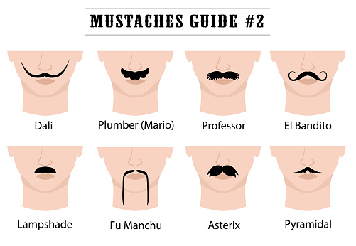 Set of mustaches on mans face. Isolated on white background. Vector illustration.