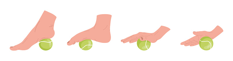 Set of myofascial release exercises for hands and  feet. Rehabilitation workout on tennis ball.