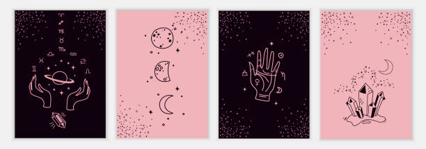 타로 카드, 배너, 전단지, 포스터, 브로셔, 스킨을위한 신비한 템플릿 세트. 손으로 그린. 비도 기호가 있는 카드입니다. 손, 행성, 별, 달 의 위상과 결정의 실루엣. 벡터 - tarot stock illustrations