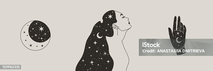 istock Set Of Mystical Woman and Moon, Stars and Hand in a Trendy Boho Style. Vector Space Portrait of A girl in Profile 1339162325