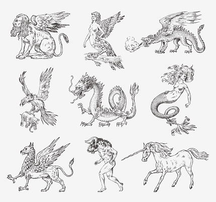 Set of Mythological animals. Mermaid Minotaur Unicorn Chinese dragon Cerberus Harpy Sphinx Griffin Mythical Basilisk Roc Woman Bird. Greek creatures. Engraved hand drawn antique old vintage sketch