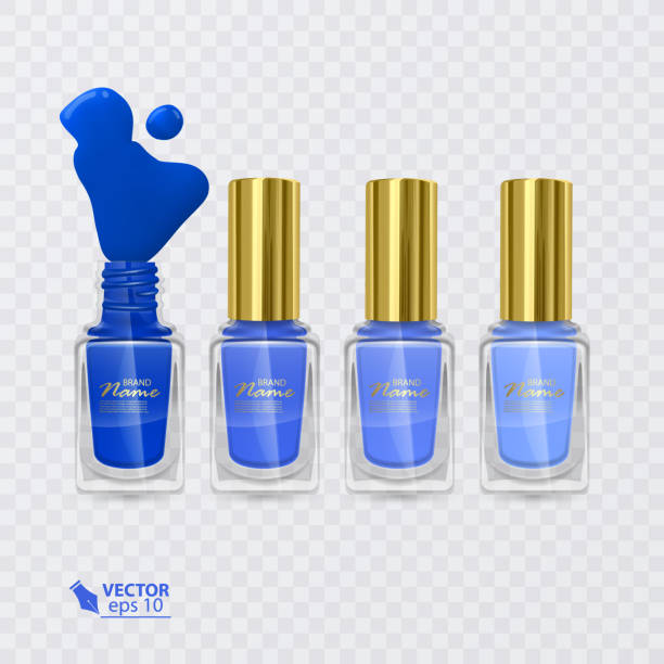 stockillustraties, clipart, cartoons en iconen met set van nagel poetsmiddelen van kleuren van donker blauw licht blauw, nagel schoensmeer op transparante achtergrond - nail polish bottle close up
