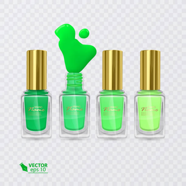 stockillustraties, clipart, cartoons en iconen met set van nagel poetsmiddelen van kleuren van groen licht groen, nagel schoensmeer op transparante achtergrond - nail polish bottle close up