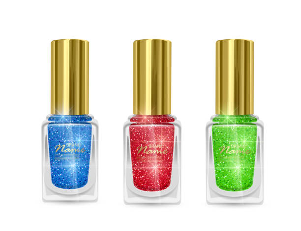 Set of Nail Polishes with glittery texture, nail Polish of red, blue and green colors with shiny texture Set of Nail Polishes with glittery texture, nail Polish of red, blue and green colors with shiny texture, Vector illustration on white background nail polish bottle stock illustrations