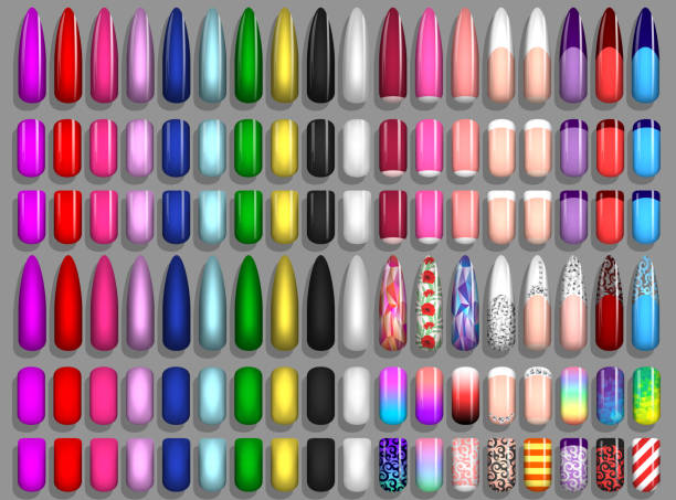 Set of nails, manicure Vector set of different nails, nail art, isolated, female nails, types of manicure, samples of nails, nail extensions artificial nail stock illustrations