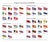 Set of national wavy flags on flagpole. Countries symbols of Europe: Hungary, Belarus and Scotland, France, Italy and Estonia, Finland and Sweden. Vector icons isolated on background