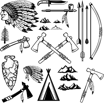 Set of native americans weapon. Mountains icons. Design elements for logo, label, emblem, sign, poster. Vector illustration