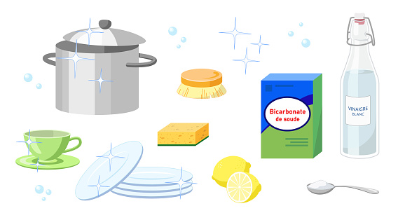 Set of  natural ingredients for cleaning at home cut out on white background. French box of baking soda - bicarbonate de soude with bottle of white vinegar - vinaigre blanc. Vector illustration.