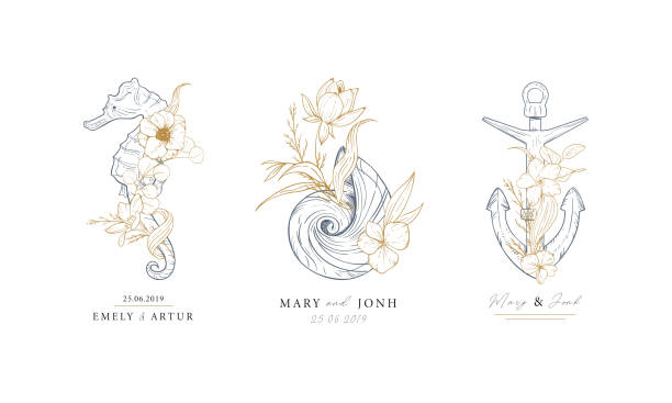 Set of nautical logos. Seahorse, shell and anchor entwined with algae and flowers. Marine logos concept on grunge background. Hand drawn vector illustrations. Set of nautical logos. Seahorse, shell and anchor entwined with algae and flowers. Marine logos concept on grunge background. Hand drawn vector illustrations. flowers tattoos stock illustrations
