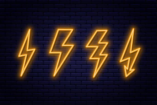 набор неоновых знаков молнии. неоновый знак электричества или высоковольтный символ на фоне кирпичной стены - lightning stock illustrations