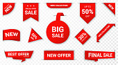 Set of new stickers, sale tags and labels. Shopping stickers and badges for merchandise and promotion, special offer, new collection, discount etc. Red stickers for web banners with realistic transparent shadow. Vector