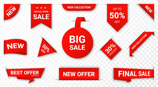 ilustrações de stock, clip art, desenhos animados e ícones de set of new stickers, sale tags and labels. shopping stickers and badges for merchandise and promotion, special offer, new collection, discount etc. red stickers for web banners with realistic transparent shadow - consumismo