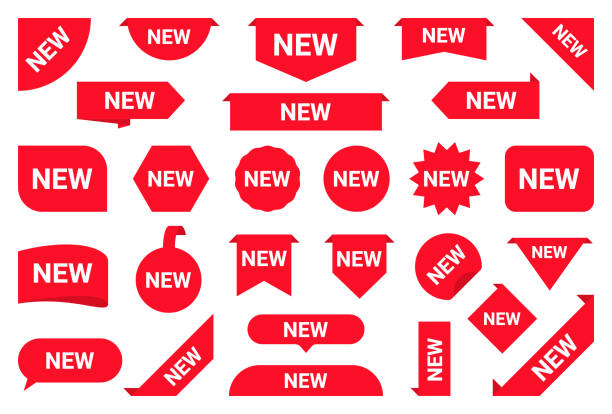 새로운 스티커, 판매 태그 및 라벨의 집합입니다. 상품 및 프로모션, 특별 행사, 새로운 컬렉션, 할인 등을 위한 쇼핑 스티커 및 배지 다양한 모양의 웹 배너용 빨간색 레이블 - 새로운 stock illustrations