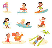 Set of nine assorted kids summer activities with diverse young children holidaying at the seaside, colored vector illustration