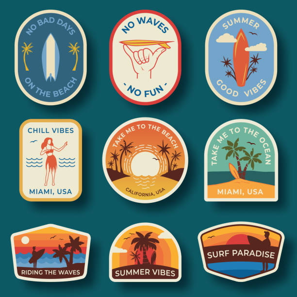 ilustrações de stock, clip art, desenhos animados e ícones de set of nine beach badges. hand drawn palm trees and beach elements in retro style. summer labels, badges and icons - surfing
