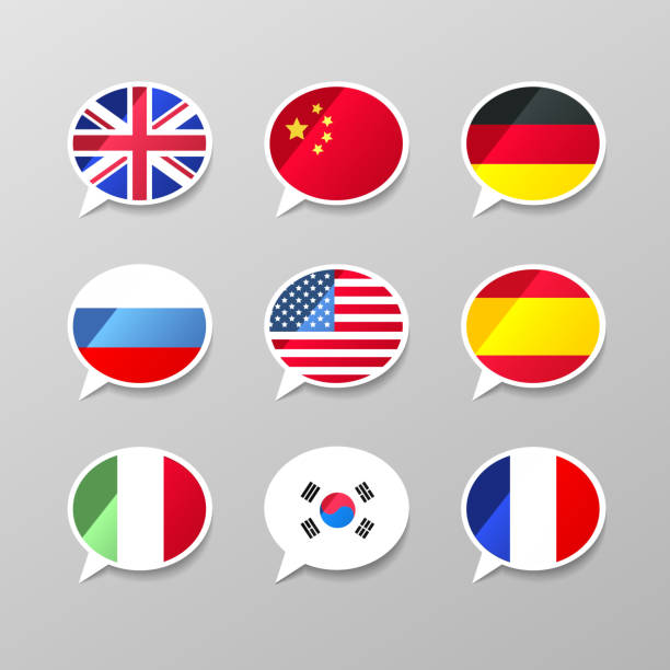 set sembilan gelembung ucapan berwarna-warni dengan bendera, konsep bahasa yang berbeda - inggris britania raya ilustrasi stok