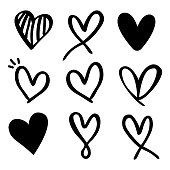 Set of nine hand drawn heart. Hand drawn rough marker hearts isolated on white background. Vector illustration for your graphic design.