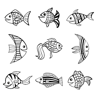 Set Of Nine Isolated Hand Drawn Black Outlines Fishes On White ...