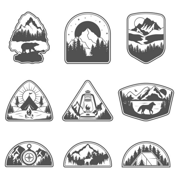 Set of nine mountain black travel emblems. Camping outdoor adventure emblems, badges and logo patches. Mountain tourism, hiking. Nature labels in vintage style Set of nine vector mountain black travel emblems. Camping outdoor adventure emblems, badges and logo patches. Mountain tourism, hiking. Nature labels in vintage style river silhouettes stock illustrations