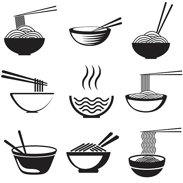 Set of noodles Set of noodles or spaghetti in different dishes. Black on white. Vector pasta silhouettes stock illustrations
