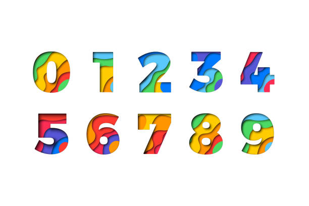 ilustrações de stock, clip art, desenhos animados e ícones de set of numbers '1 2 3 4 5 6 7 8 9 0' filled with realistic multicolor paper cut layers for greeting cards, posters, invitations, brochures - numbers